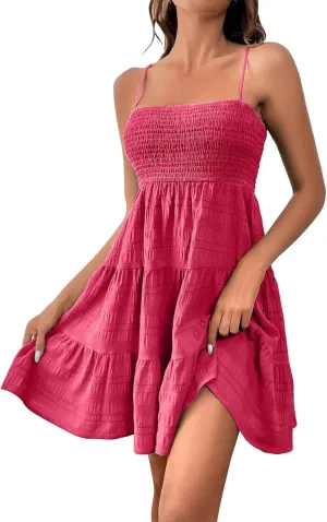 Miyaomn Women's Ruffle Spaghetti Strap Mini Dress Casual Solid A-Line Square Neck Sleeveless Smocked Tiered Flowy Sundresses