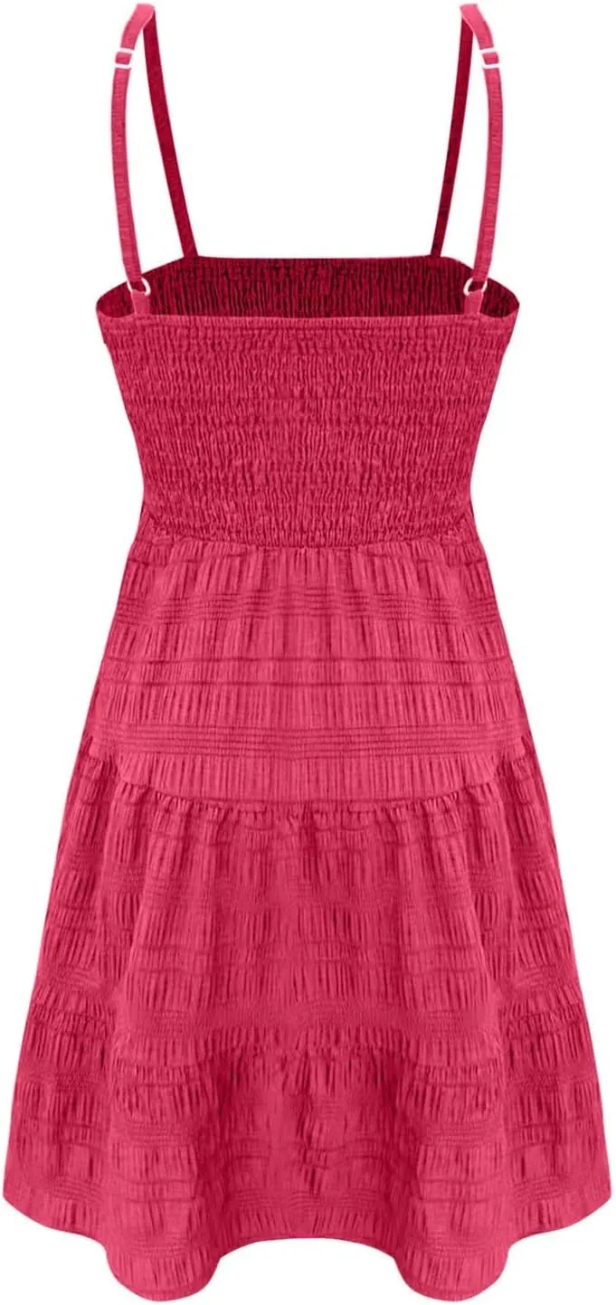 Miyaomn Women's Ruffle Spaghetti Strap Mini Dress Casual Solid A-Line Square Neck Sleeveless Smocked Tiered Flowy Sundresses