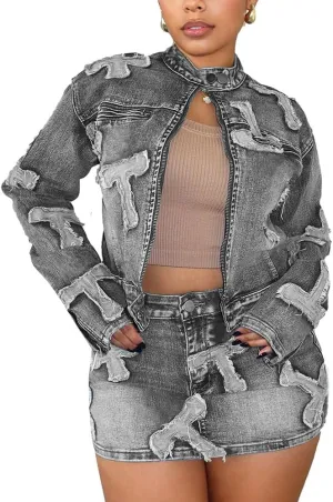 Molilove 2 Piece Denim Skirt Jacket Set Women Zipper Jacket Top Elastic Waist Skirt with Pockets Sweatsuit Tracksuit Sets