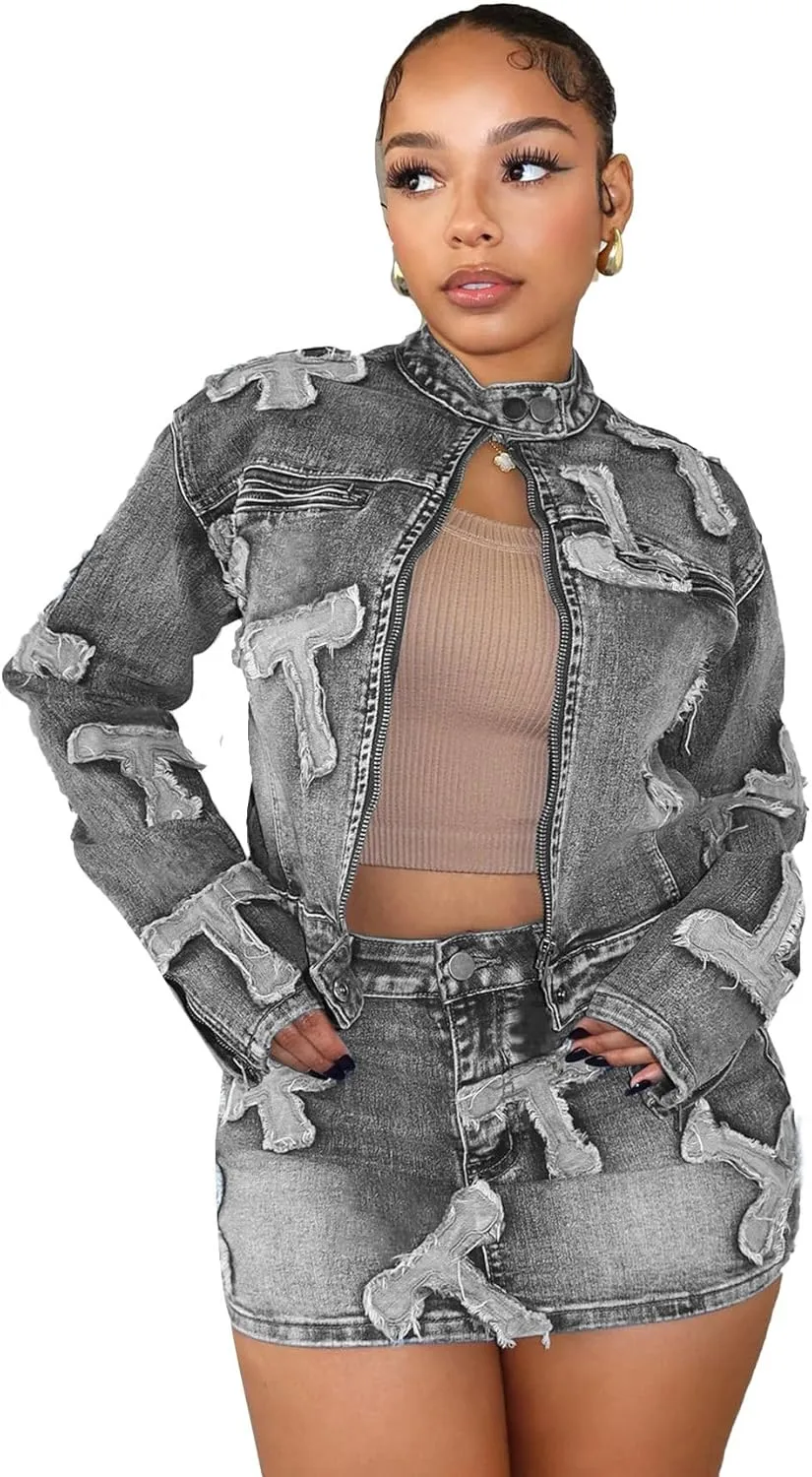 Molilove 2 Piece Denim Skirt Jacket Set Women Zipper Jacket Top Elastic Waist Skirt with Pockets Sweatsuit Tracksuit Sets