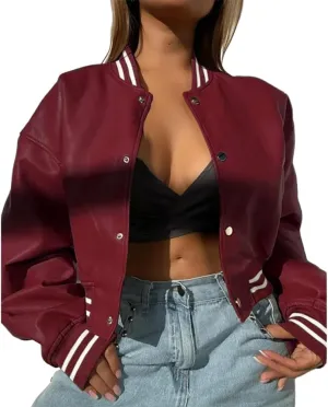 Molilove Womens Leather Jacket Mock Neck Long Sleeve Button Cropped Leather Jacket Casual Biker Moto Jacket Fall Outerwear