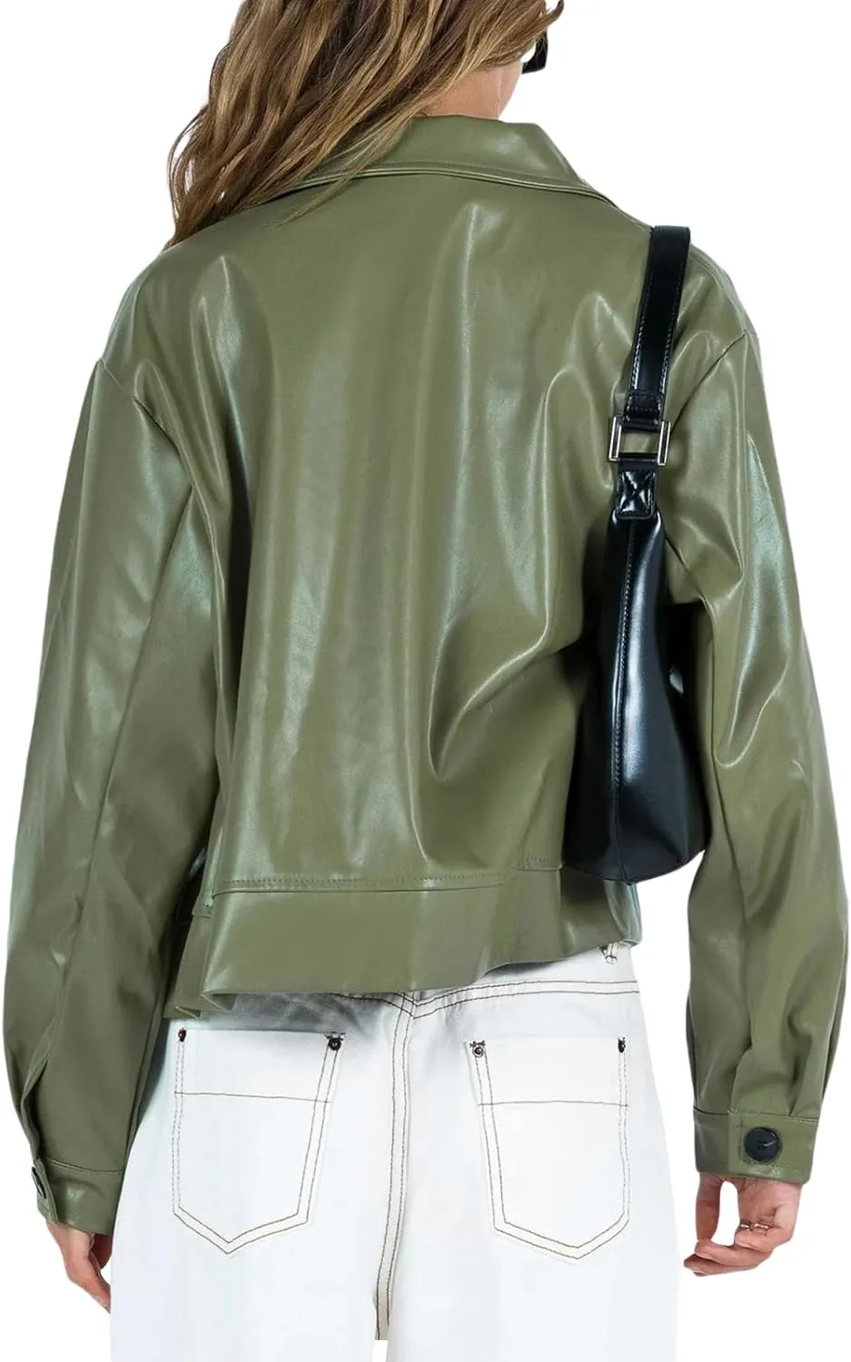 Muineobuka Women Faux Leather Crop Jacket Long Sleeve Lapel Collar Zipper Moto Biker Short Coat Y2k Slim PU Jacket Outwear