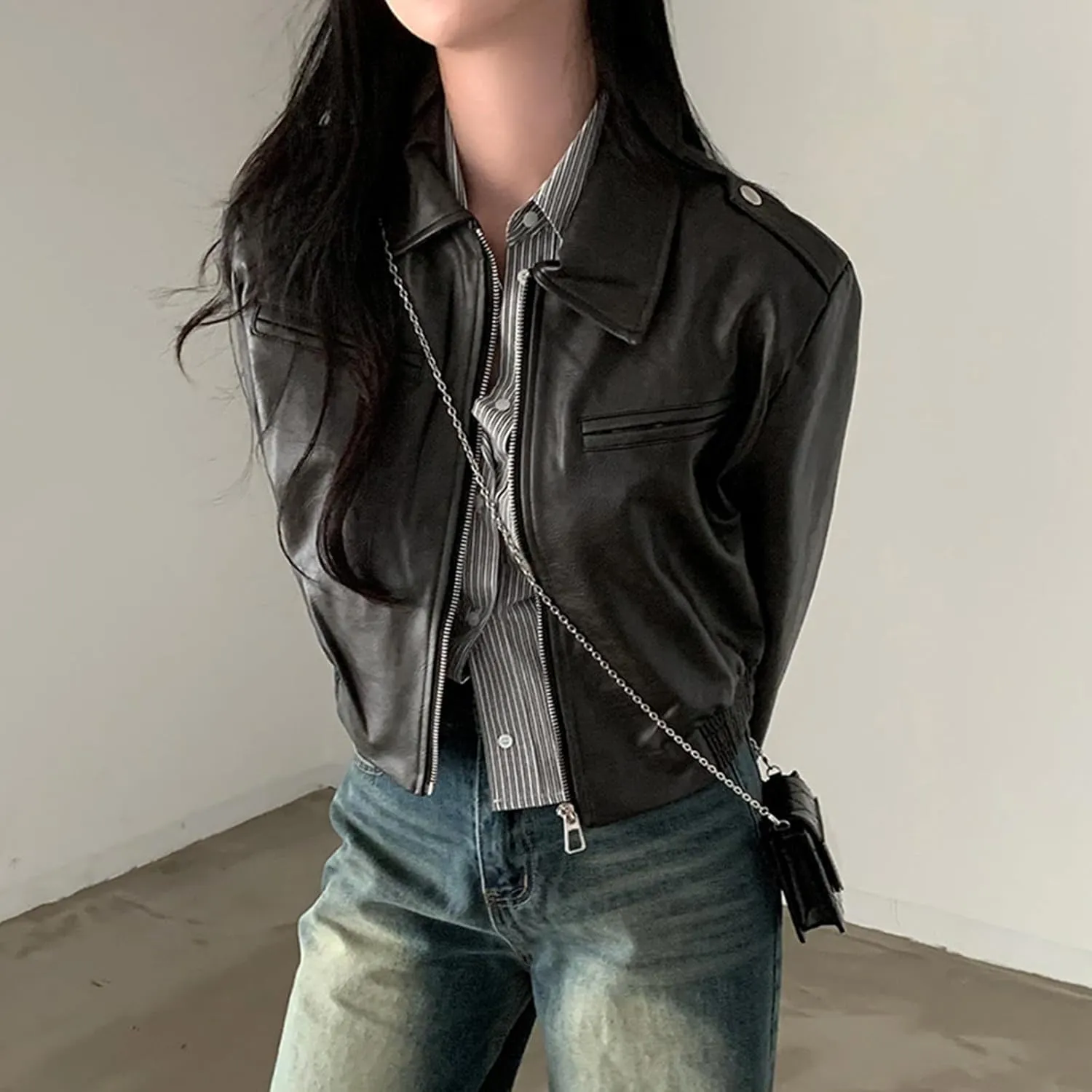 Muineobuka Women Faux Leather Crop Jacket Long Sleeve Lapel Collar Zipper Moto Biker Short Coat Y2k Slim PU Jacket Outwear