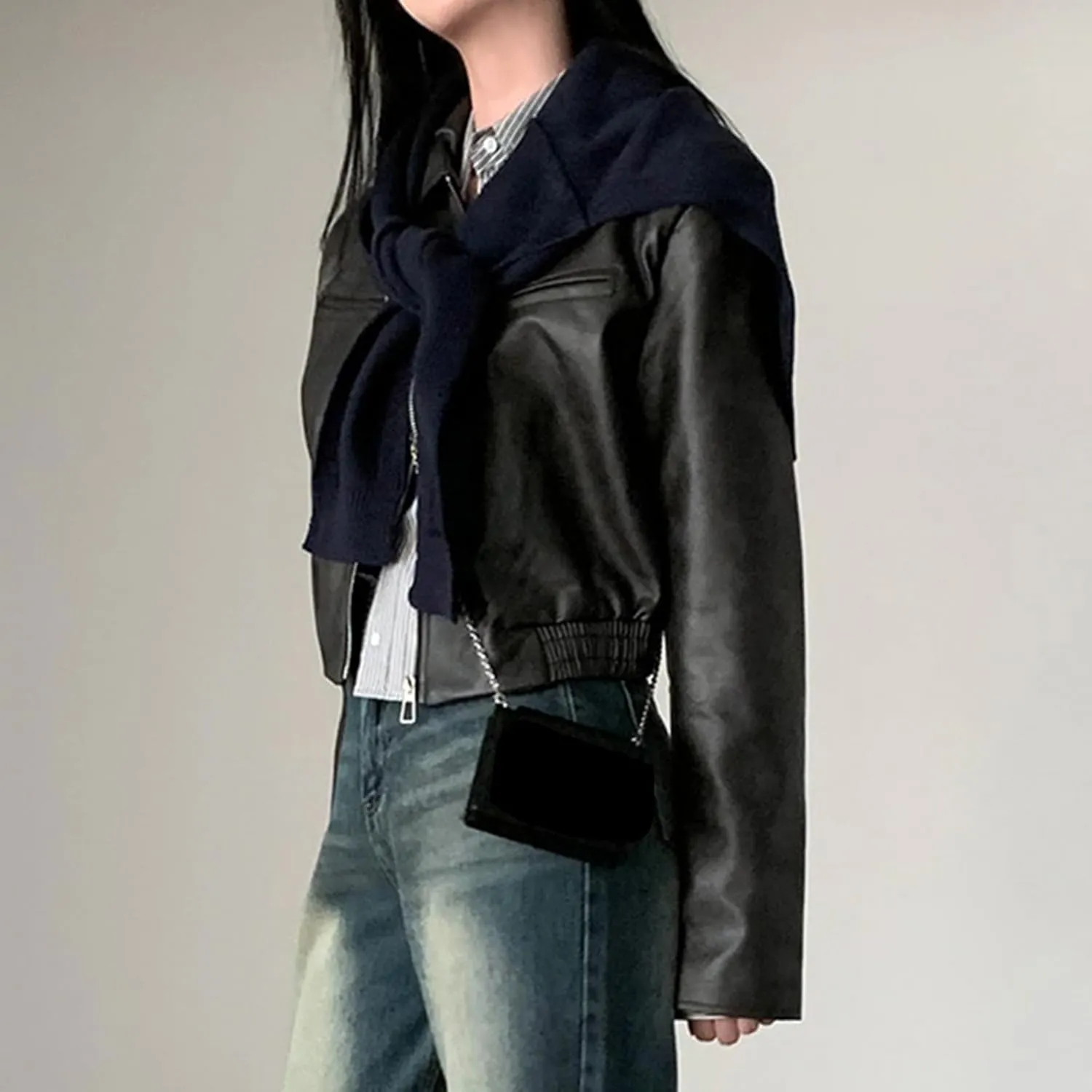 Muineobuka Women Faux Leather Crop Jacket Long Sleeve Lapel Collar Zipper Moto Biker Short Coat Y2k Slim PU Jacket Outwear