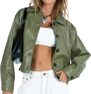 Muineobuka Women Faux Leather Crop Jacket Long Sleeve Lapel Collar Zipper Moto Biker Short Coat Y2k Slim PU Jacket Outwear