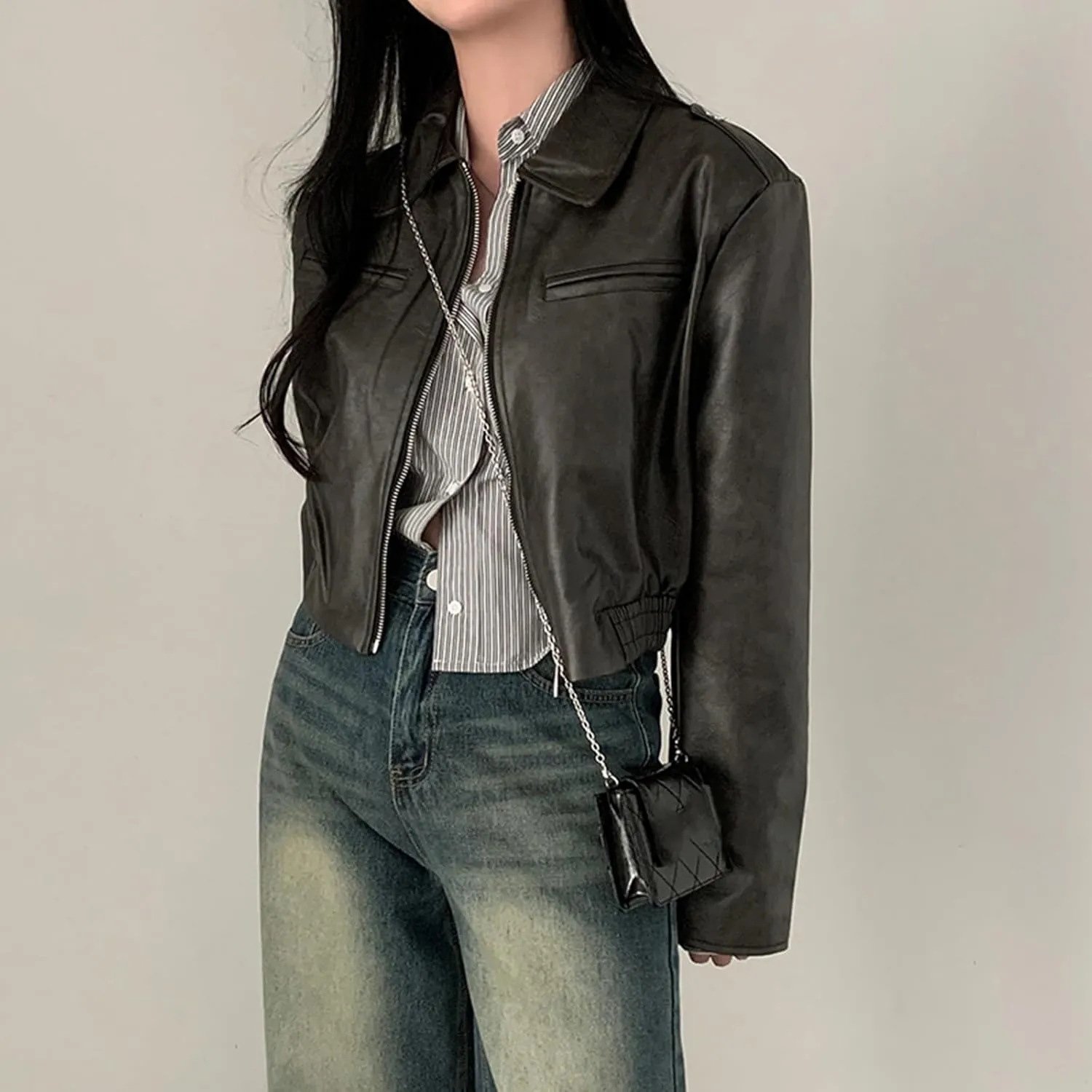 Muineobuka Women Faux Leather Crop Jacket Long Sleeve Lapel Collar Zipper Moto Biker Short Coat Y2k Slim PU Jacket Outwear