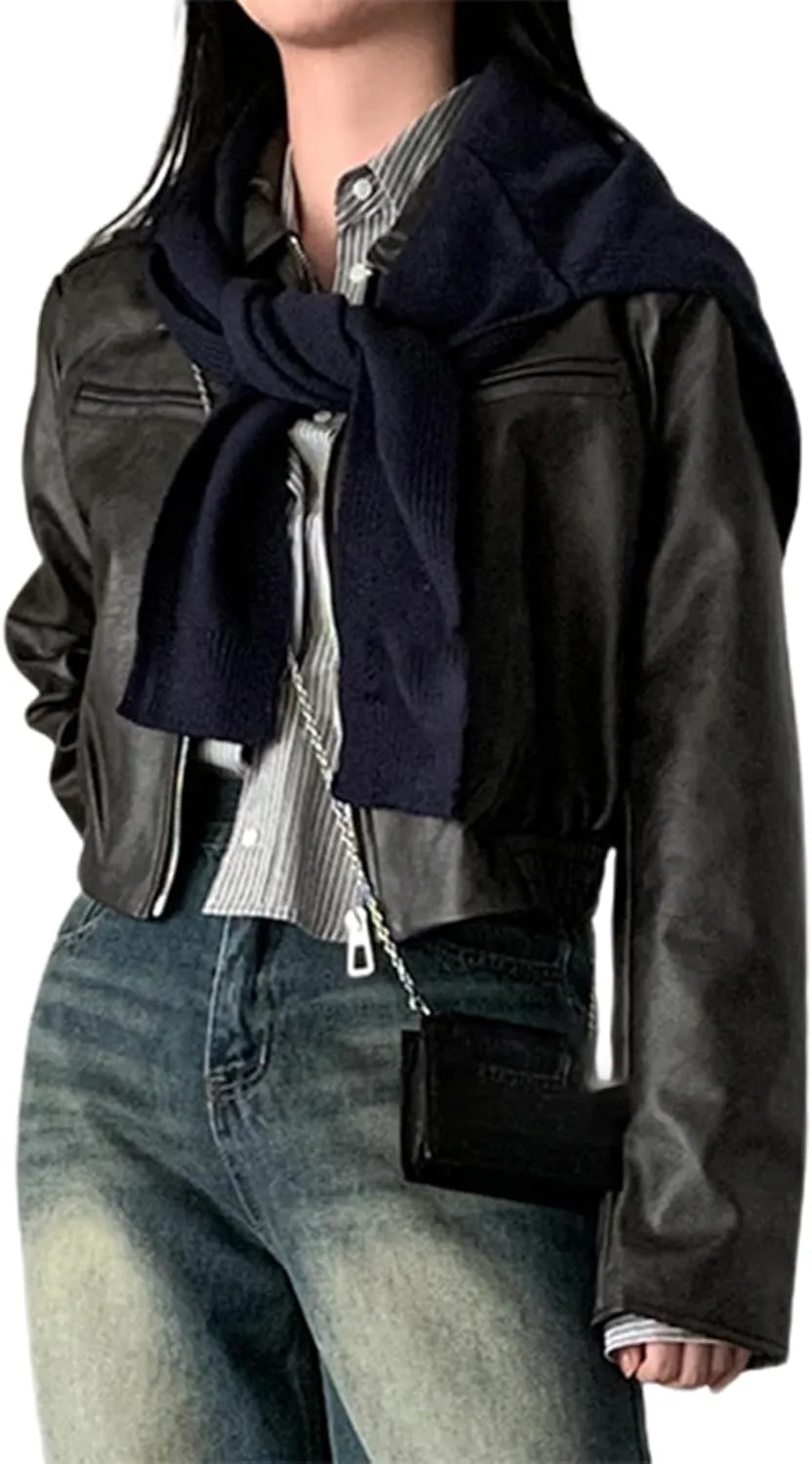 Muineobuka Women Faux Leather Crop Jacket Long Sleeve Lapel Collar Zipper Moto Biker Short Coat Y2k Slim PU Jacket Outwear