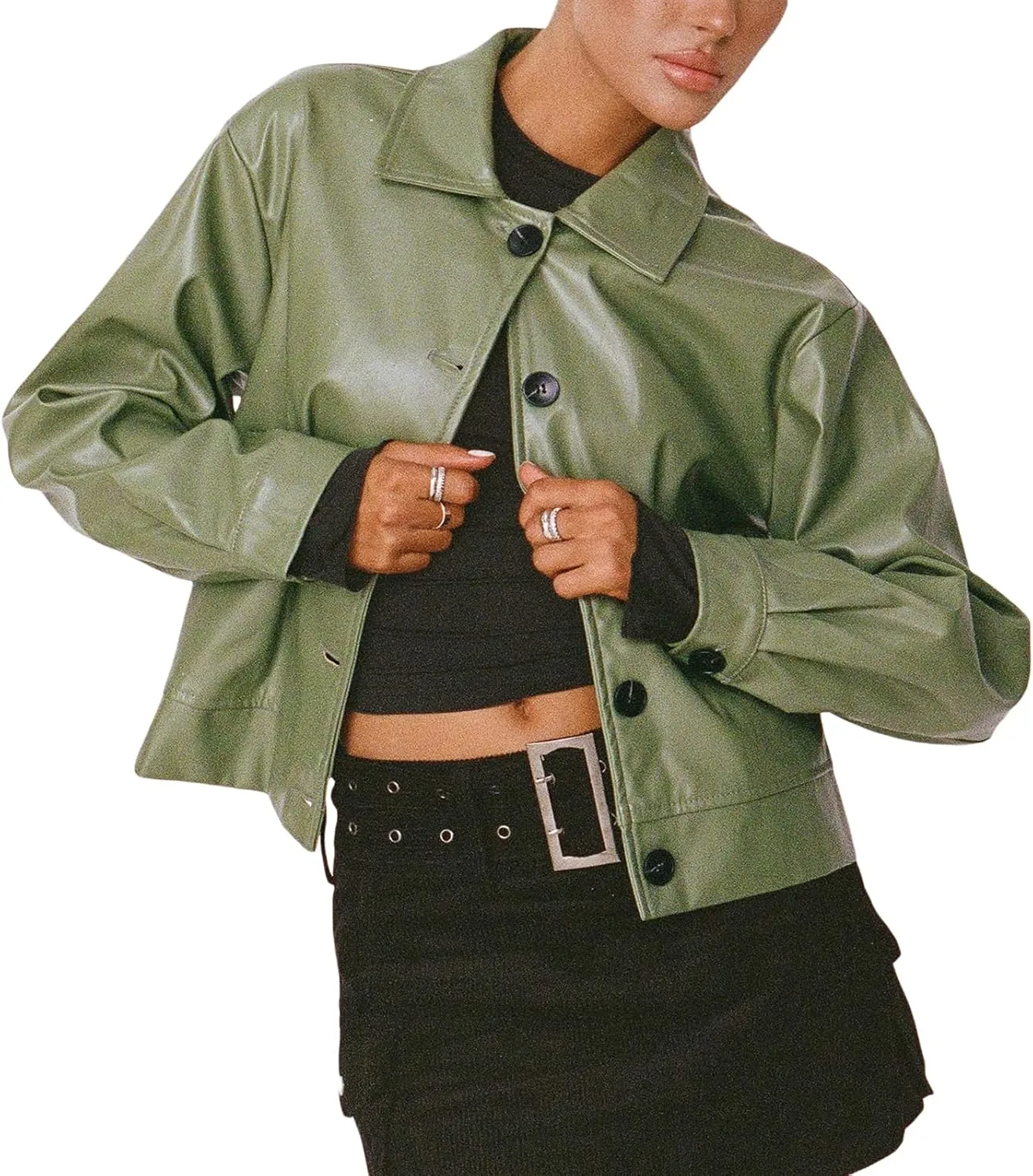 Muineobuka Women Faux Leather Crop Jacket Long Sleeve Lapel Collar Zipper Moto Biker Short Coat Y2k Slim PU Jacket Outwear