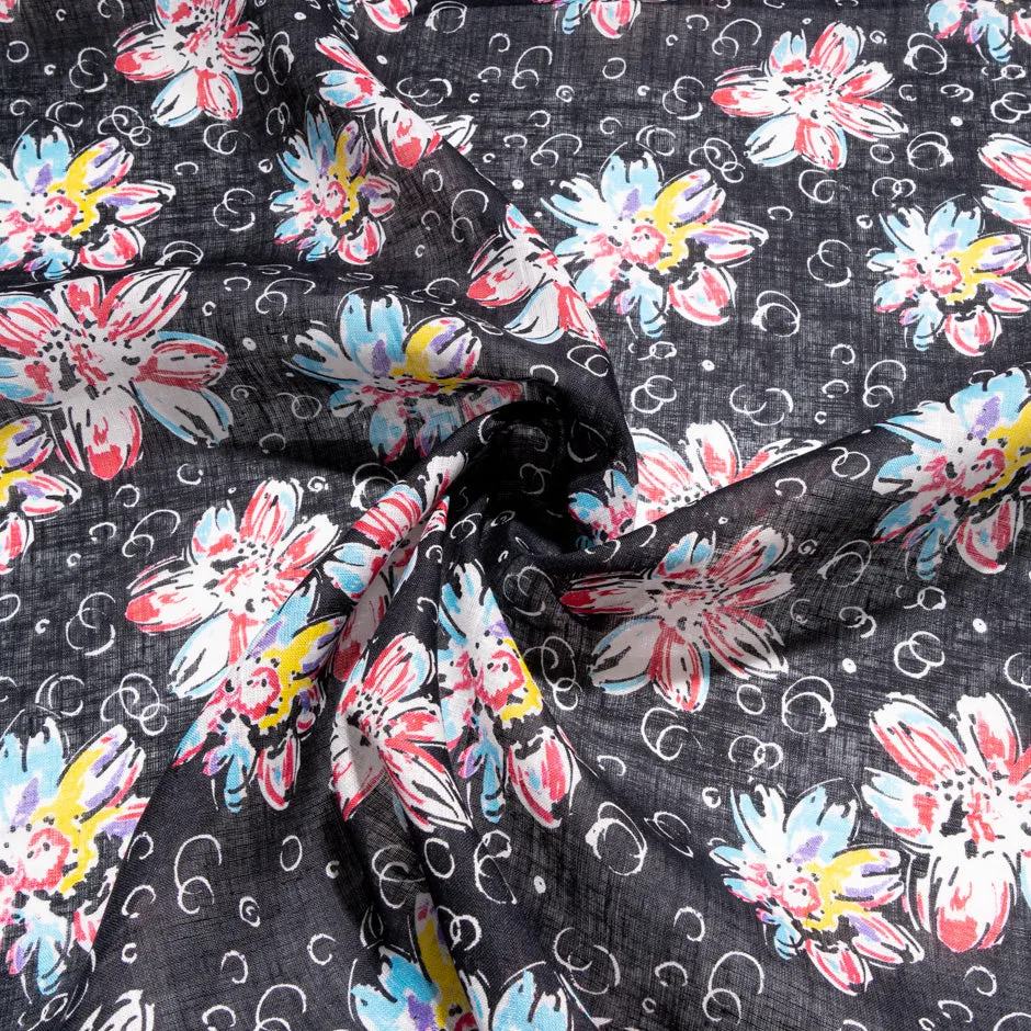 Multi Floral Printed Black Handkerchief Linen