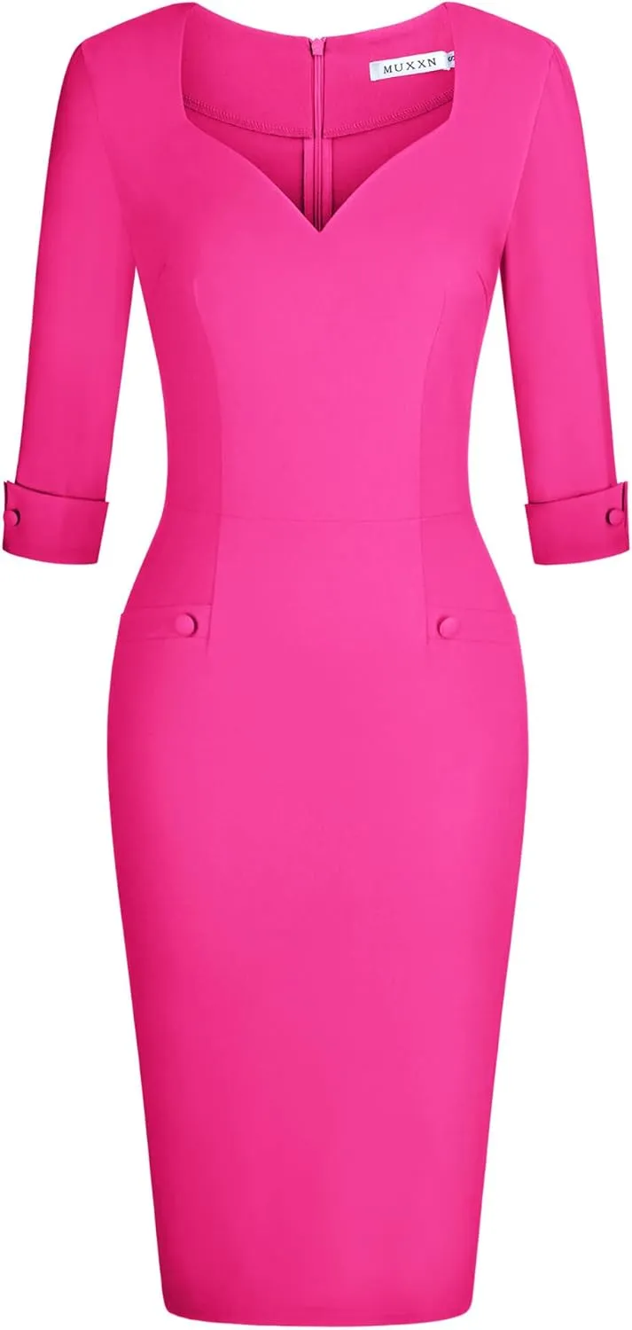 MUXXN Women's 60s Classy Sweetheart Neck Bandage Sheath Work Pencil Dress
