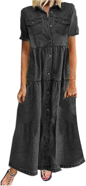 NaRHbrg Plus Size Dresses for Women Summer Denim Shirt Dress Short Sleeves Button Down Casual Maxi Dress Beach Sundress
