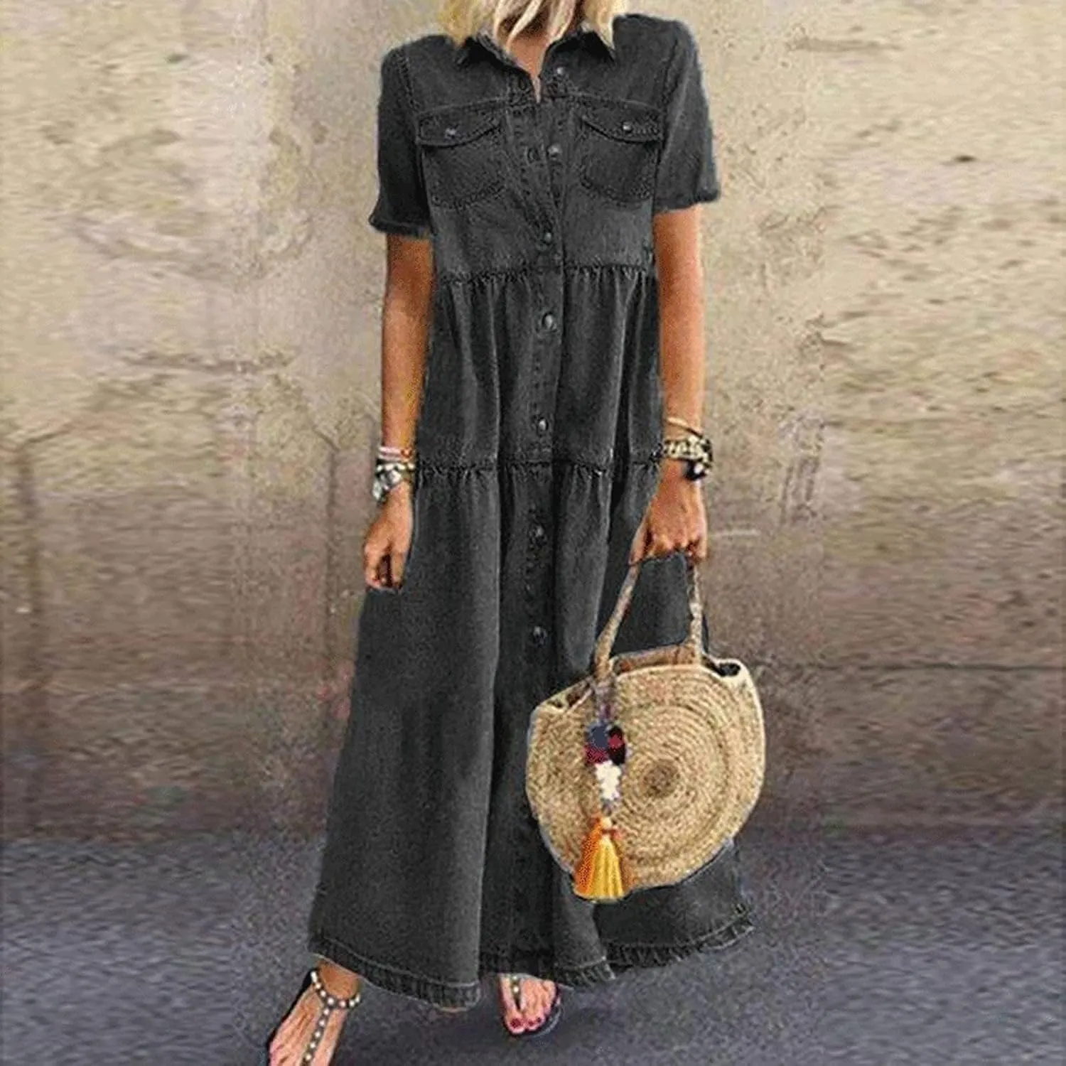 NaRHbrg Plus Size Dresses for Women Summer Denim Shirt Dress Short Sleeves Button Down Casual Maxi Dress Beach Sundress