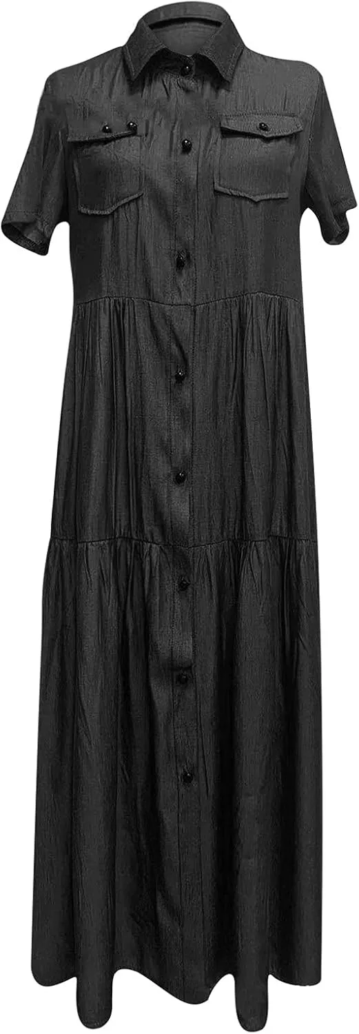 NaRHbrg Plus Size Dresses for Women Summer Denim Shirt Dress Short Sleeves Button Down Casual Maxi Dress Beach Sundress