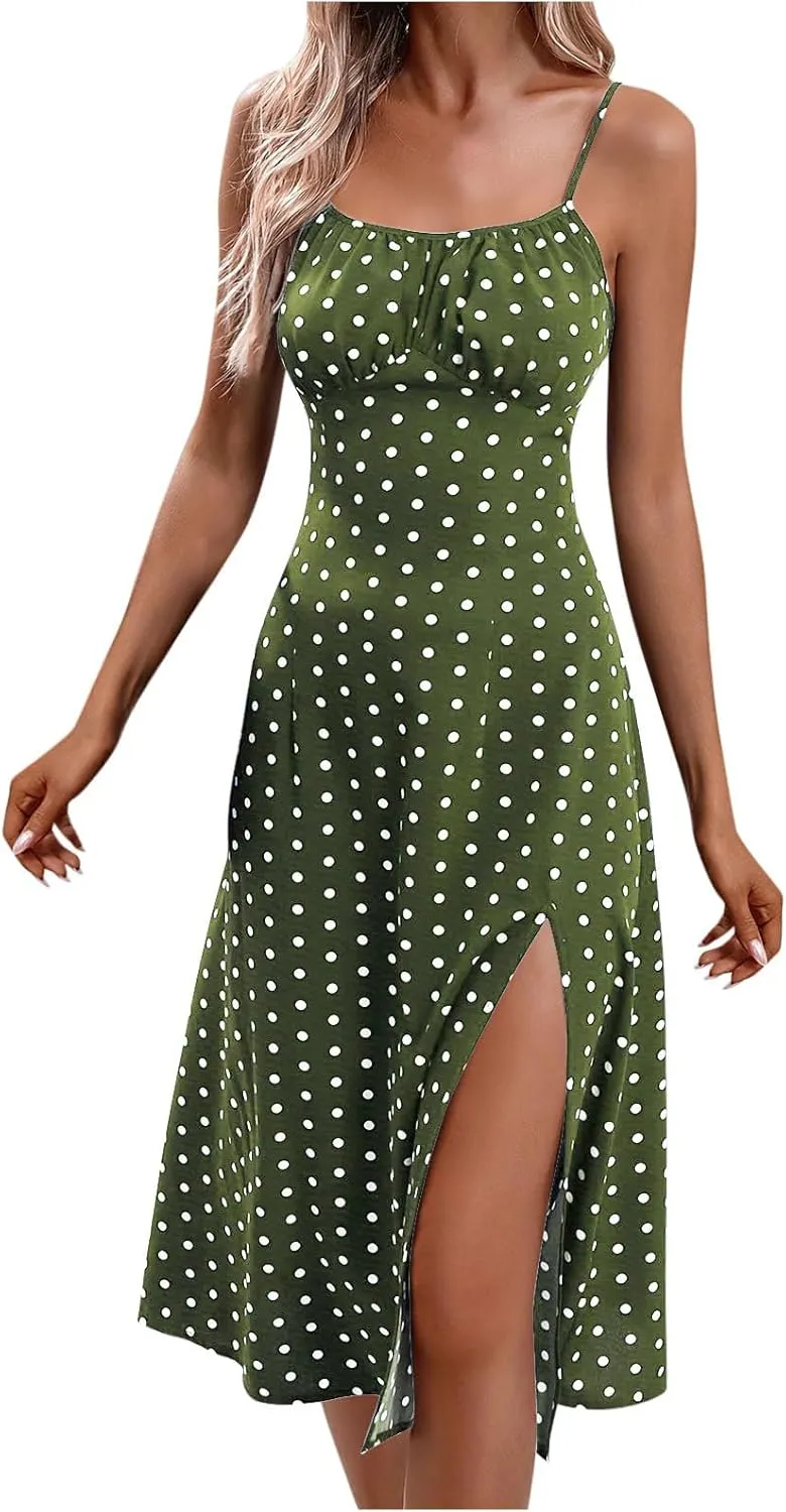 NaRHbrg Women's Polka Dot Spaghetti Strap Midi Dress High Waist Slit Flowy Summer Beach Casual Sundress