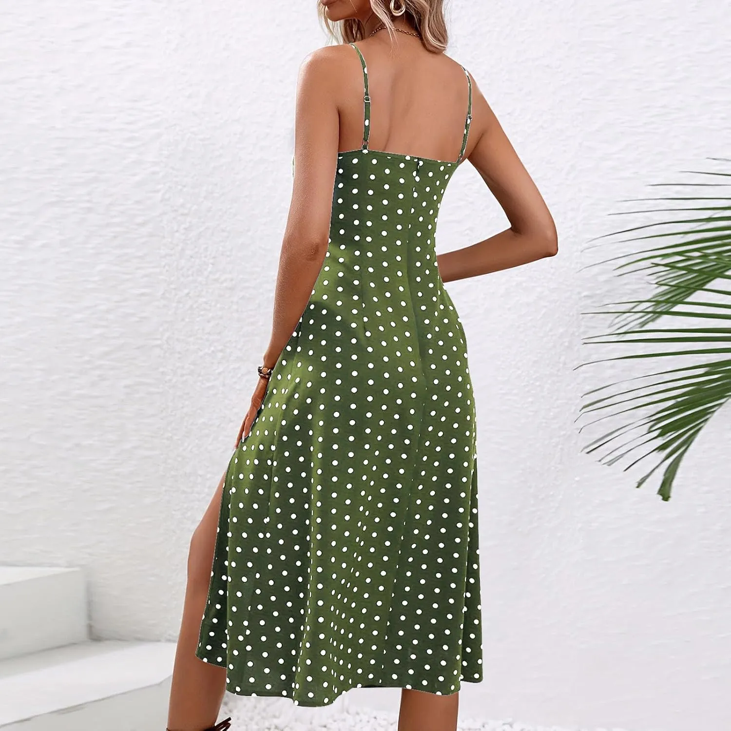 NaRHbrg Women's Polka Dot Spaghetti Strap Midi Dress High Waist Slit Flowy Summer Beach Casual Sundress