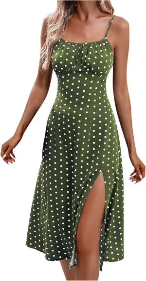 NaRHbrg Women's Polka Dot Spaghetti Strap Midi Dress High Waist Slit Flowy Summer Beach Casual Sundress