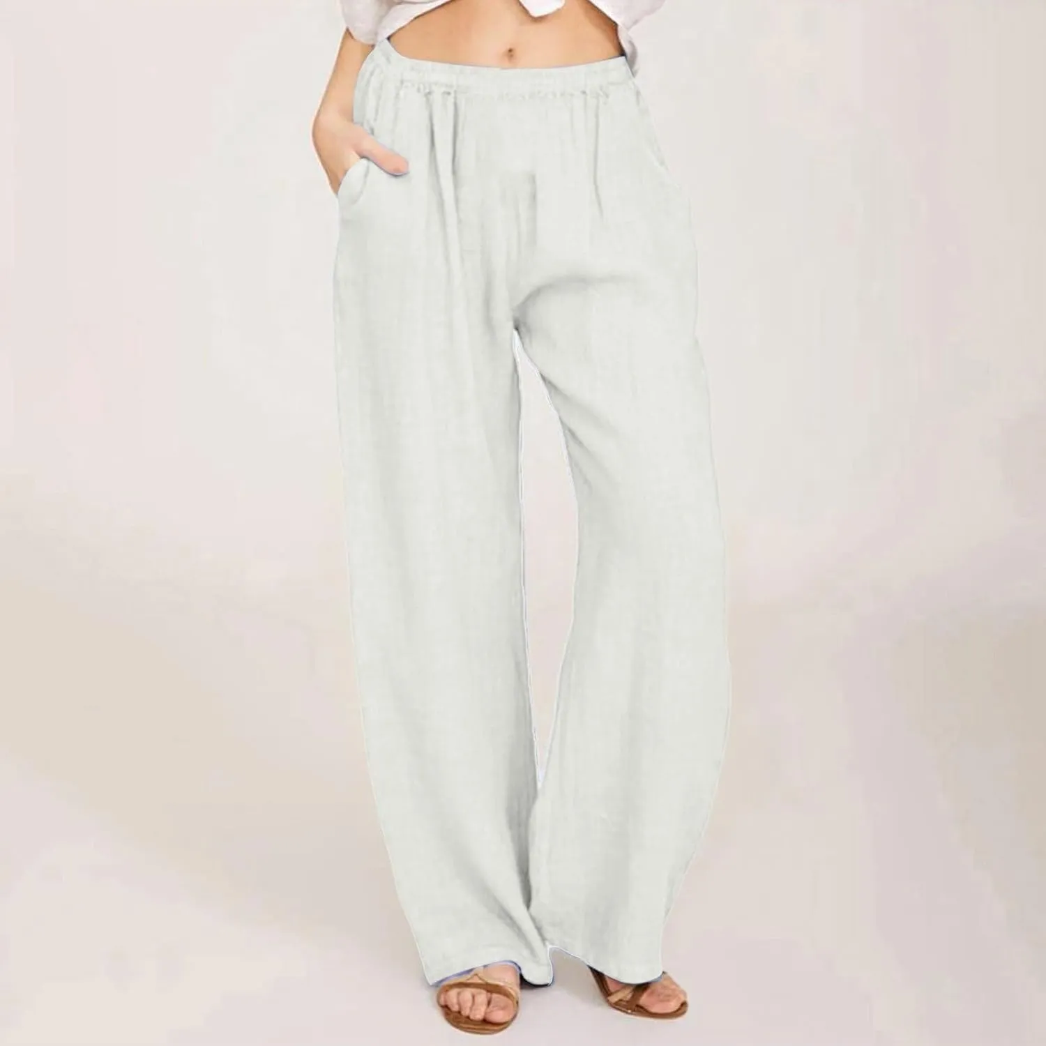 NBXNZWF Women's Cotton Linen Pants 2025 Summer Casual Straight Leg Trousers Wide Leg Loose Fit Long Pants with Pockets