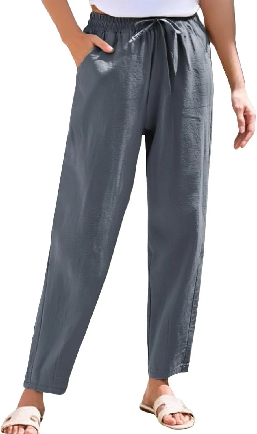 NBXNZWF Women's Cotton Linen Straight Leg Pants Elastic Drawstring Casual Trousers Summer Beach Lounge Pants with Pockets