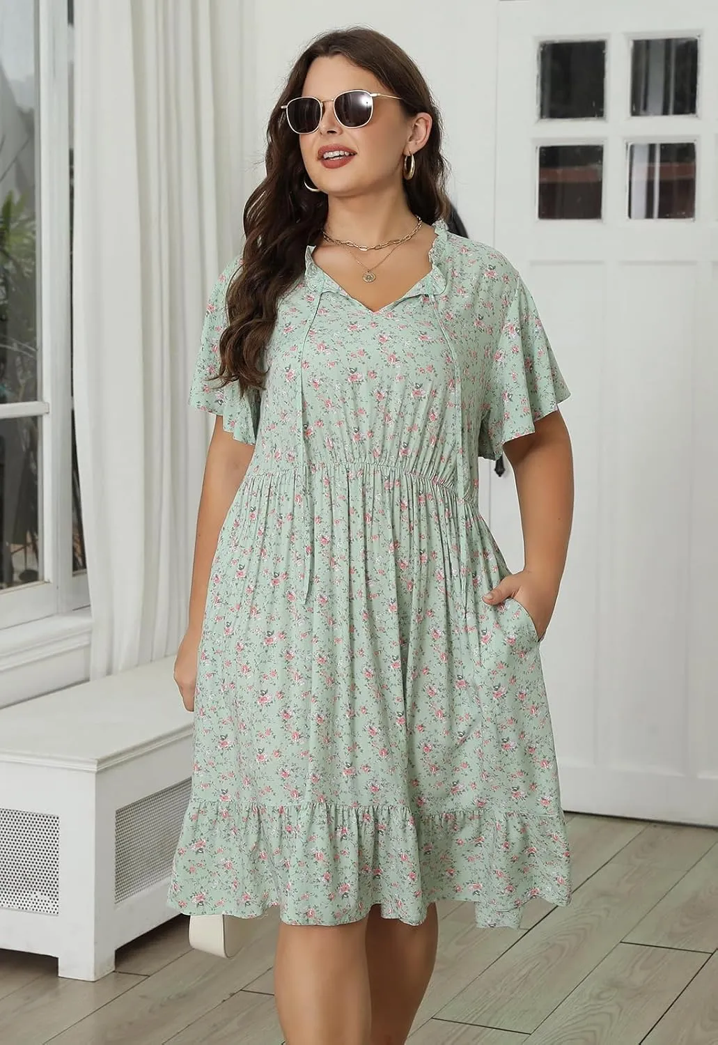 Nemidor Womens Plus Size Boho Floral Print Tie V Neck Midi Flowy Dress with Pocket NEM416