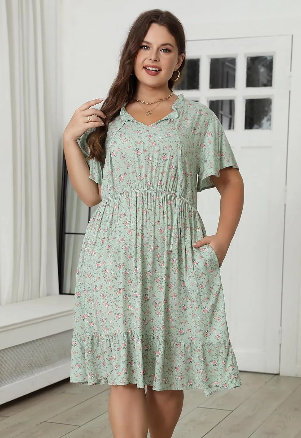 Nemidor Womens Plus Size Boho Floral Print Tie V Neck Midi Flowy Dress with Pocket NEM416