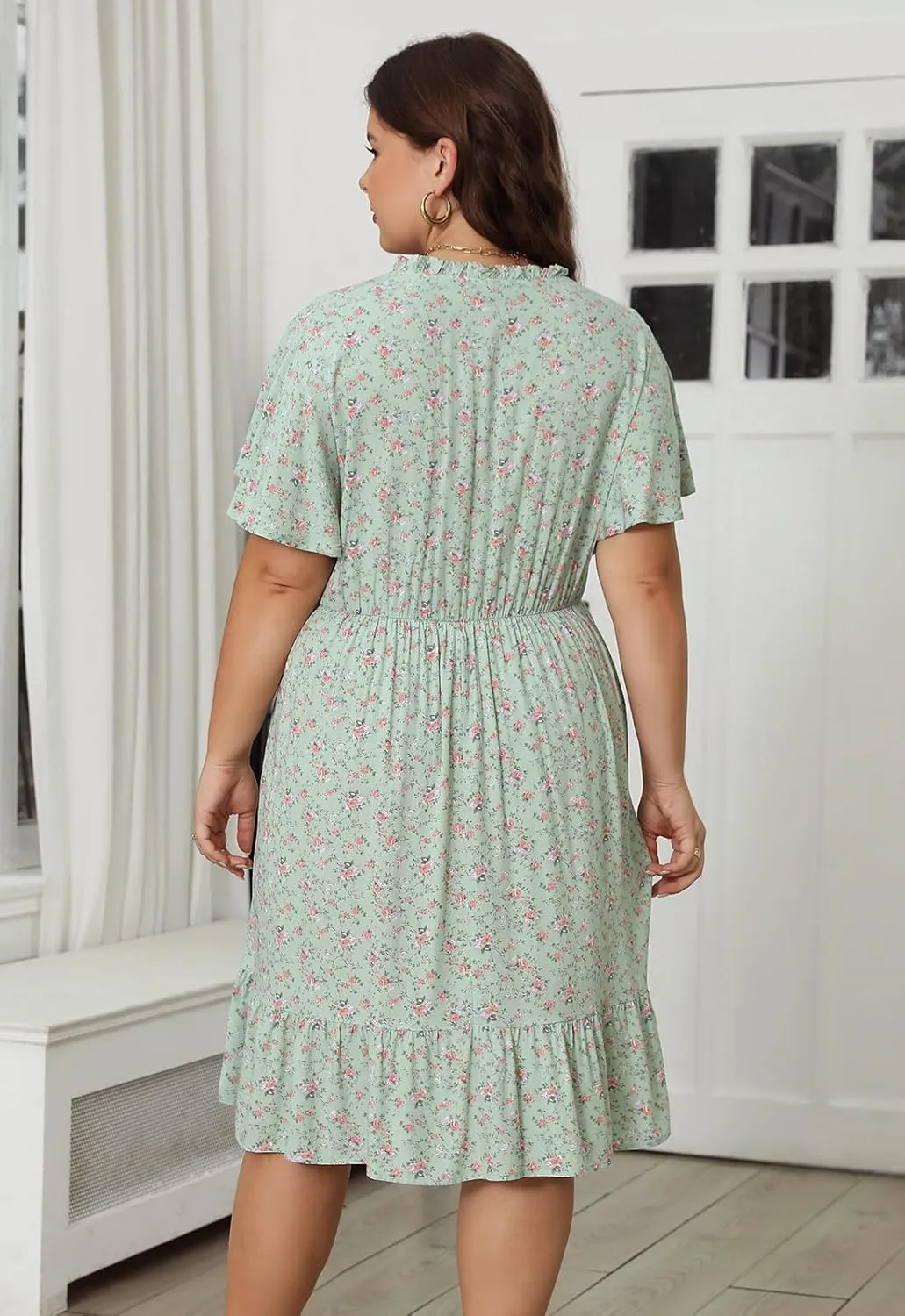 Nemidor Womens Plus Size Boho Floral Print Tie V Neck Midi Flowy Dress with Pocket NEM416