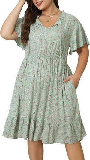 Nemidor Womens Plus Size Boho Floral Print Tie V Neck Midi Flowy Dress with Pocket NEM416