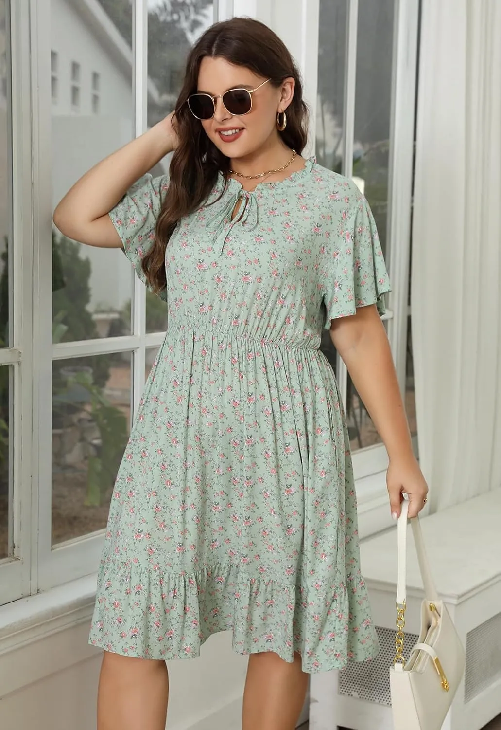 Nemidor Womens Plus Size Boho Floral Print Tie V Neck Midi Flowy Dress with Pocket NEM416