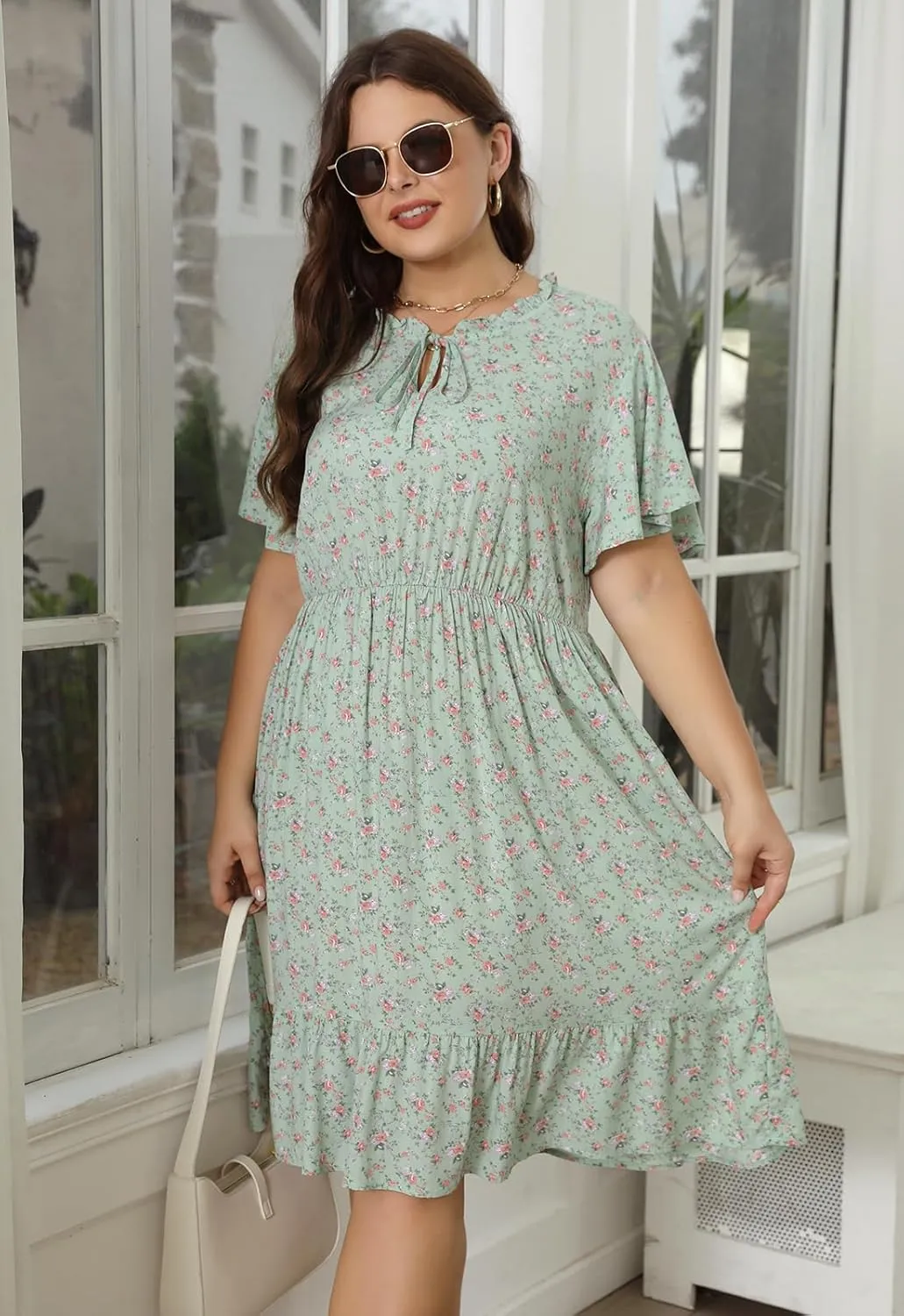 Nemidor Womens Plus Size Boho Floral Print Tie V Neck Midi Flowy Dress with Pocket NEM416