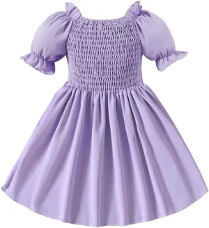 Neutocd Toddler Baby Girl Dress Ruffle Short Sleeve Elastic Solid Square Neck Flared Plain Casual Summer Dresses for Girls