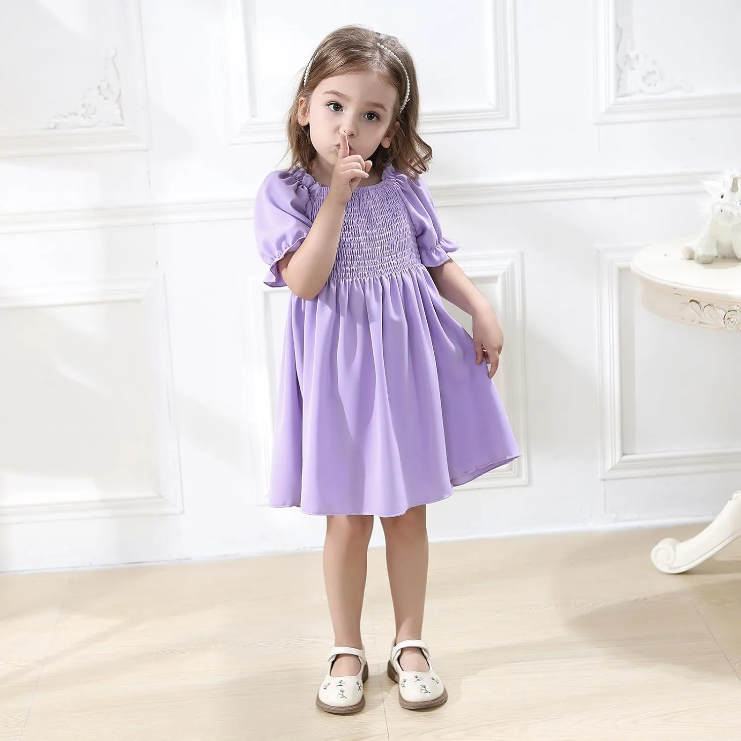 Neutocd Toddler Baby Girl Dress Ruffle Short Sleeve Elastic Solid Square Neck Flared Plain Casual Summer Dresses for Girls