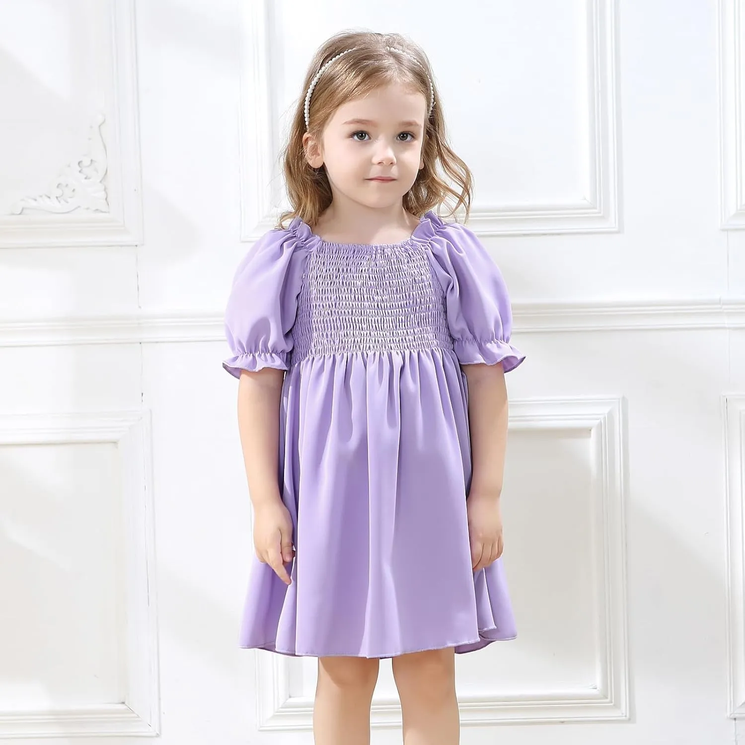 Neutocd Toddler Baby Girl Dress Ruffle Short Sleeve Elastic Solid Square Neck Flared Plain Casual Summer Dresses for Girls