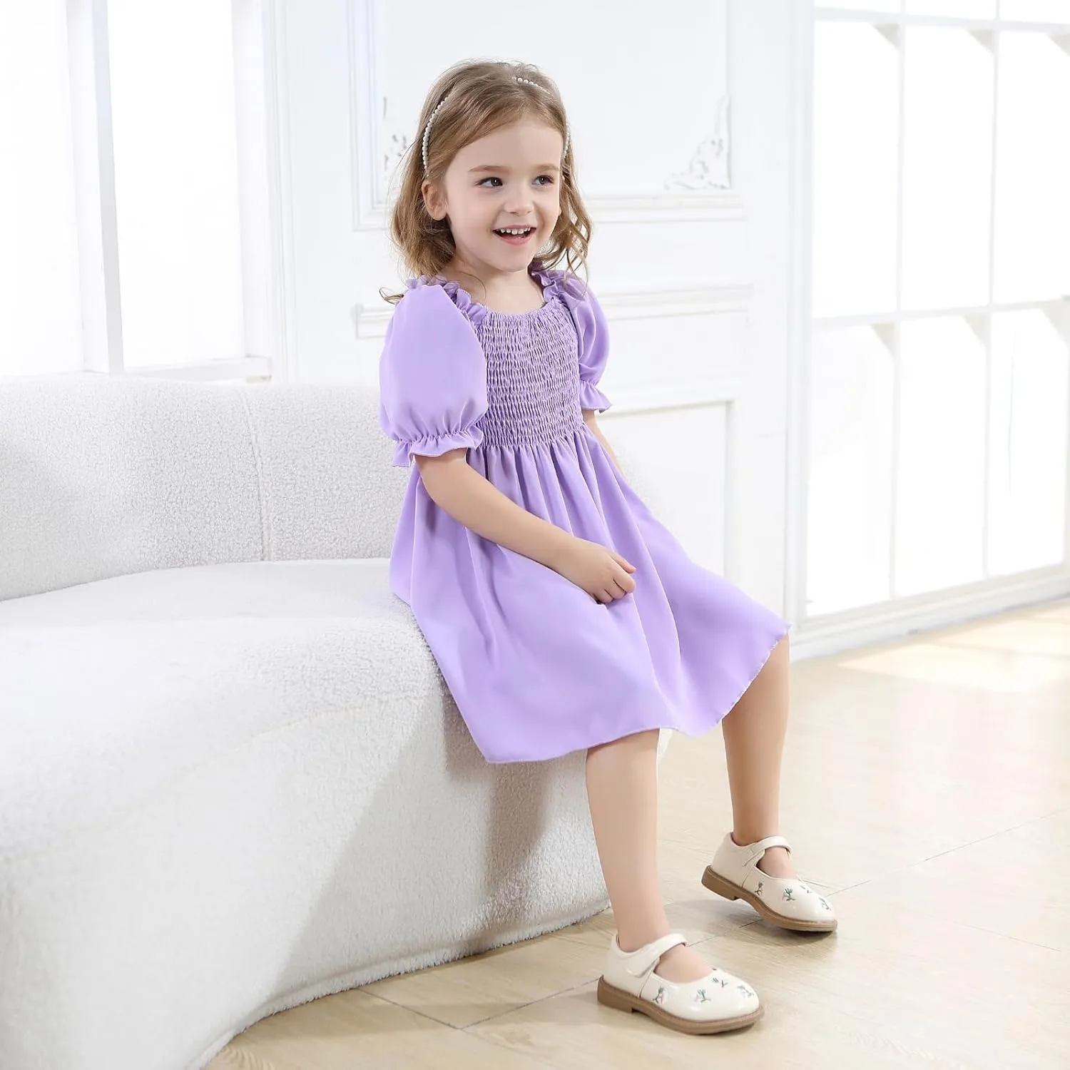Neutocd Toddler Baby Girl Dress Ruffle Short Sleeve Elastic Solid Square Neck Flared Plain Casual Summer Dresses for Girls