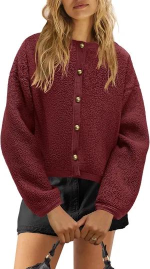 Nirovien Womens Oversized Sherpa Jacket Button Down Fleece Coat Casual Loose Fuzzy Outwear with Pockets