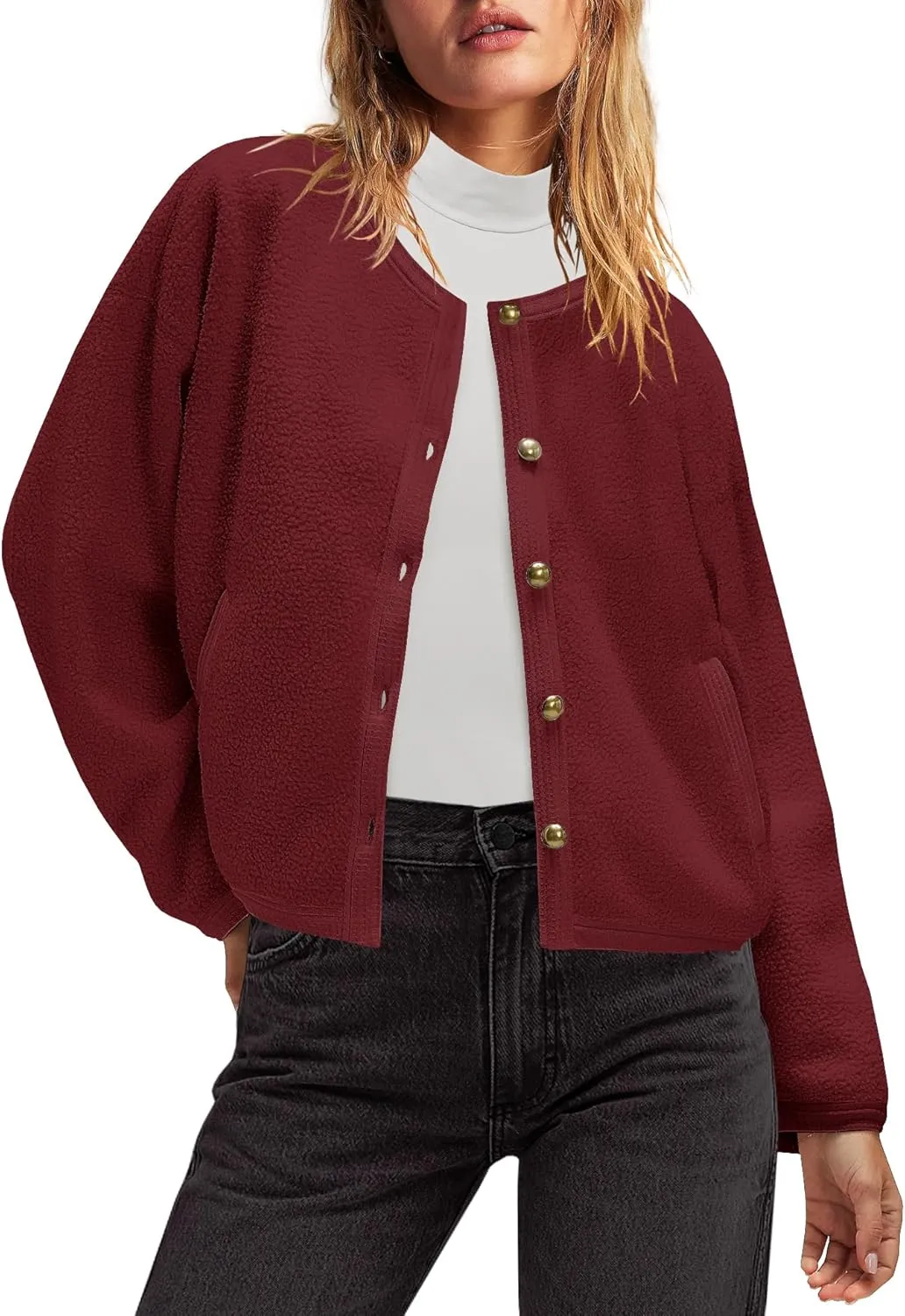 Nirovien Womens Oversized Sherpa Jacket Button Down Fleece Coat Casual Loose Fuzzy Outwear with Pockets