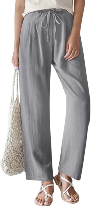 niuwa Women Solid Color Cotton Linen Pants Drawstring Waist Straight Pants Loose Casual Summer Beach Trousers (Gray, M)