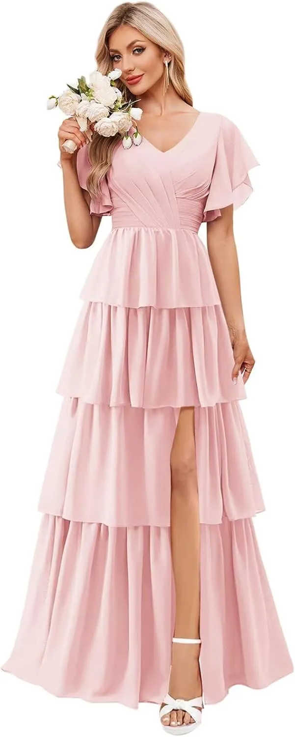 OFEECHUN V Neck Tiered Ruffle Bridesmaid Dresses for Women Flutter Sleeve Chiffon Long Formal Party Gown with Slit