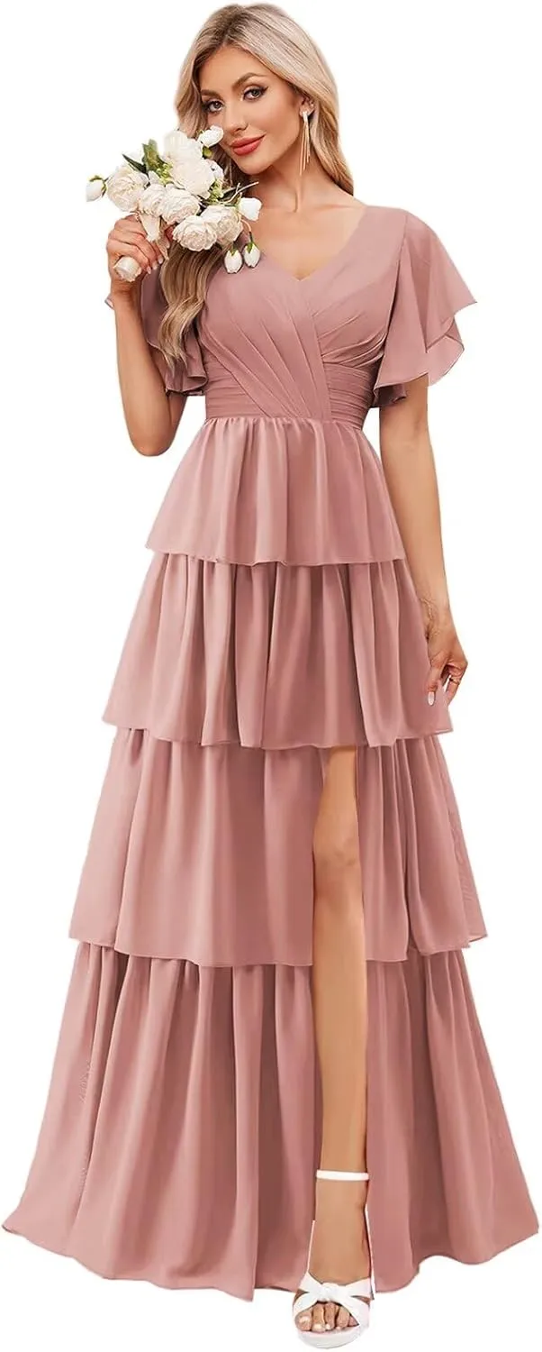 OFEECHUN V Neck Tiered Ruffle Bridesmaid Dresses for Women Flutter Sleeve Chiffon Long Formal Party Gown with Slit