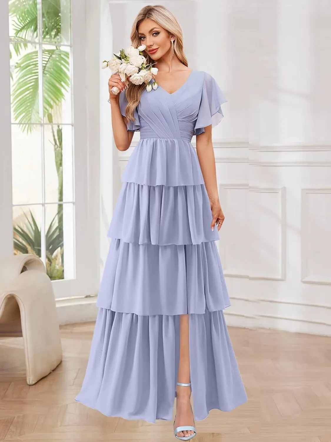 OFEECHUN V Neck Tiered Ruffle Bridesmaid Dresses for Women Flutter Sleeve Chiffon Long Formal Party Gown with Slit