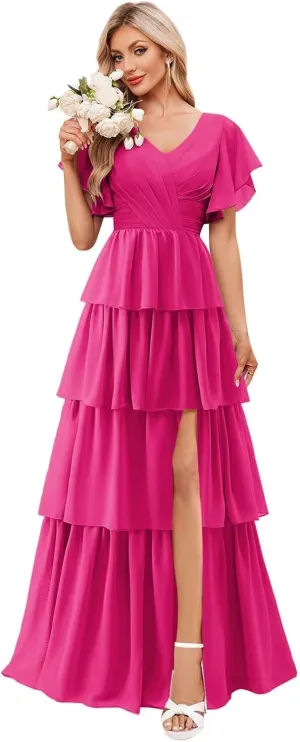 OFEECHUN V Neck Tiered Ruffle Bridesmaid Dresses for Women Flutter Sleeve Chiffon Long Formal Party Gown with Slit