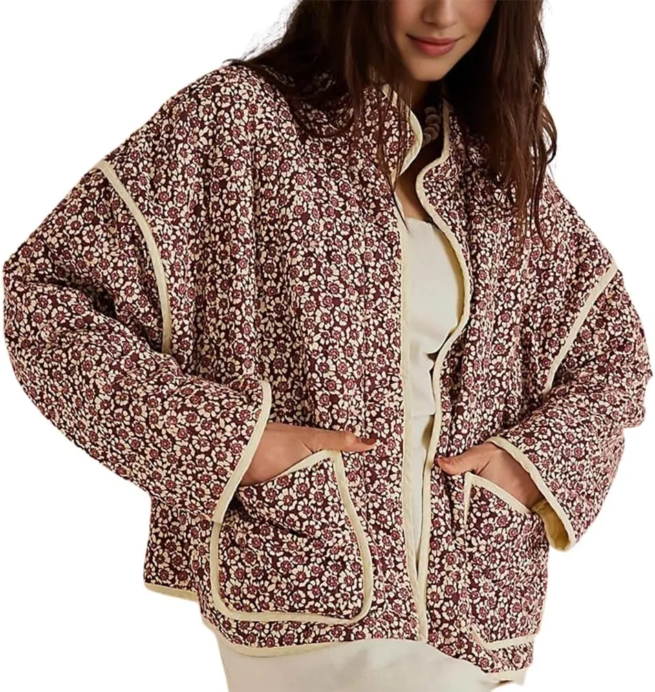 Omoone Women's Cropped Quilted Jacket Floral Printed LightWeight Padded Puffer Cardigan Coat Outwear
