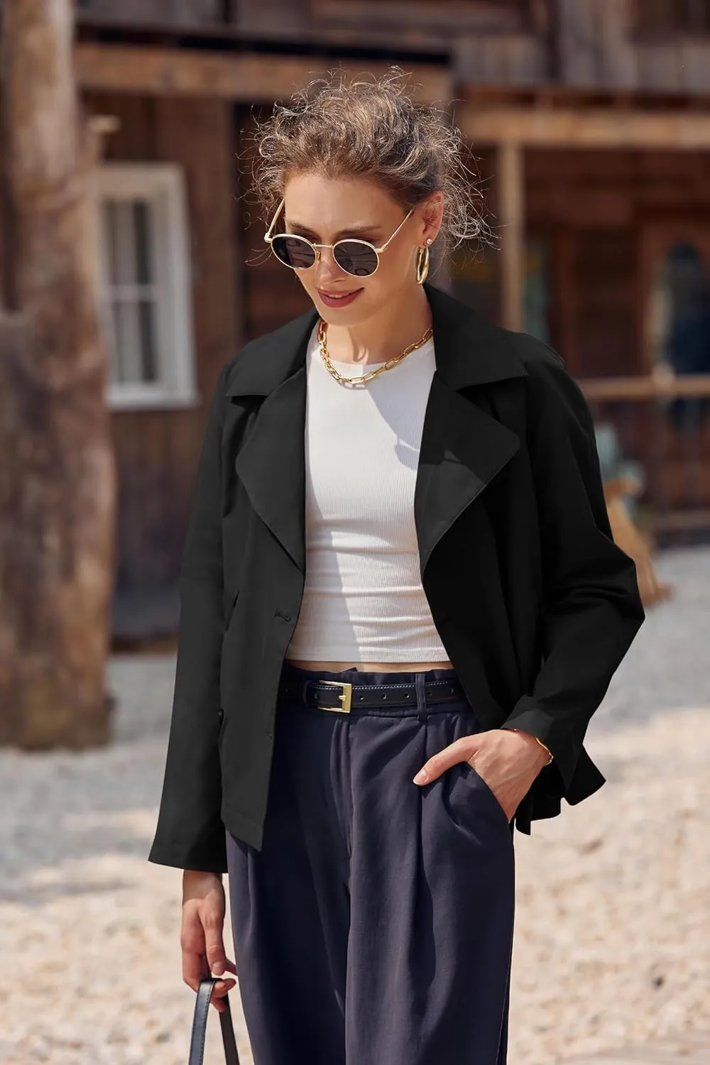 Onedreamer Women's Double Breasted Trench Coat Classic Lapel Long Sleeve Blazer Jackets Casual Outerwear With Belt