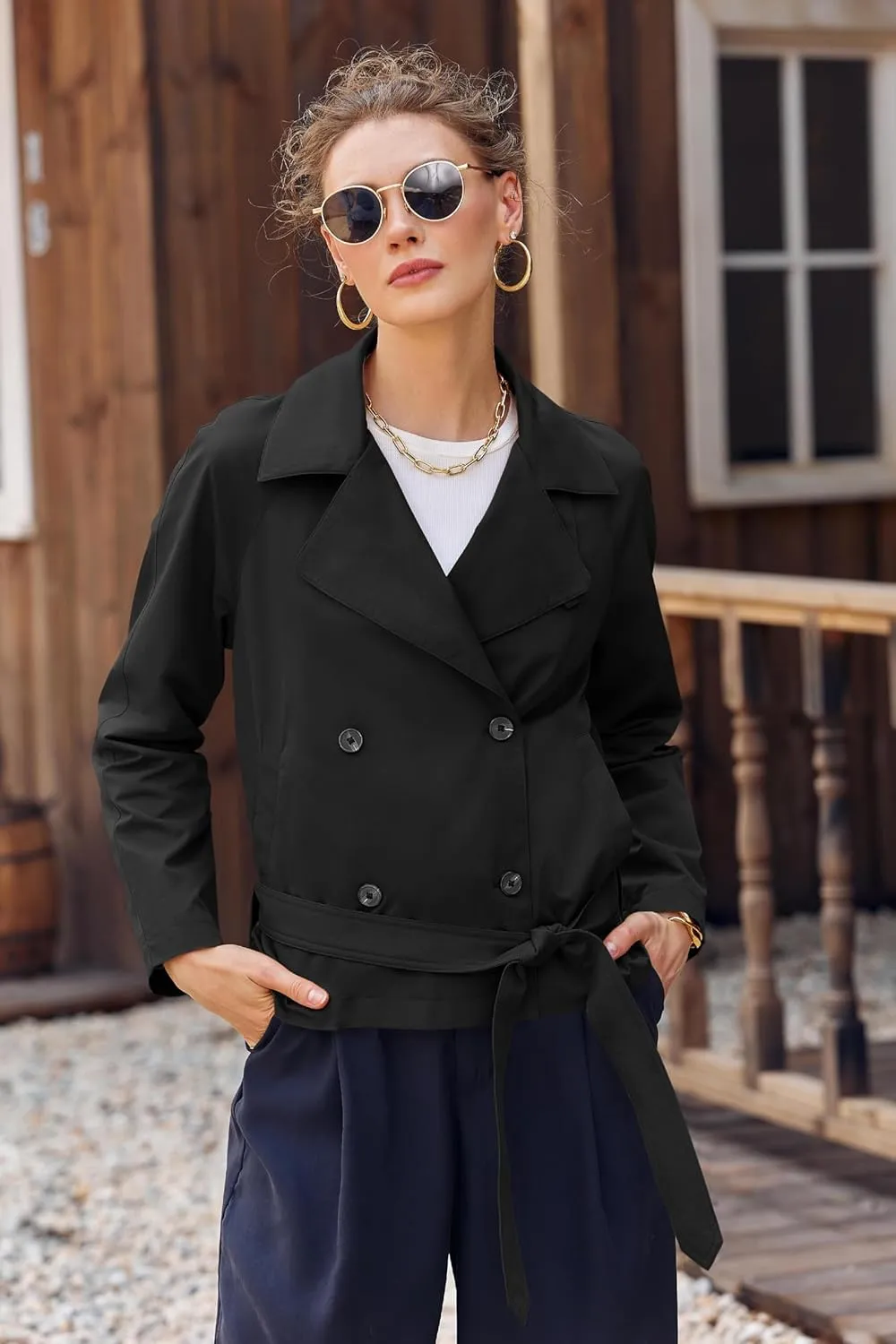 Onedreamer Women's Double Breasted Trench Coat Classic Lapel Long Sleeve Blazer Jackets Casual Outerwear With Belt
