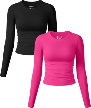 OQQ Womens 2 Piece Shirts Long Sleeve Crew Neck Ruched Stretch Basic Fitted Tee Shirts Tops
