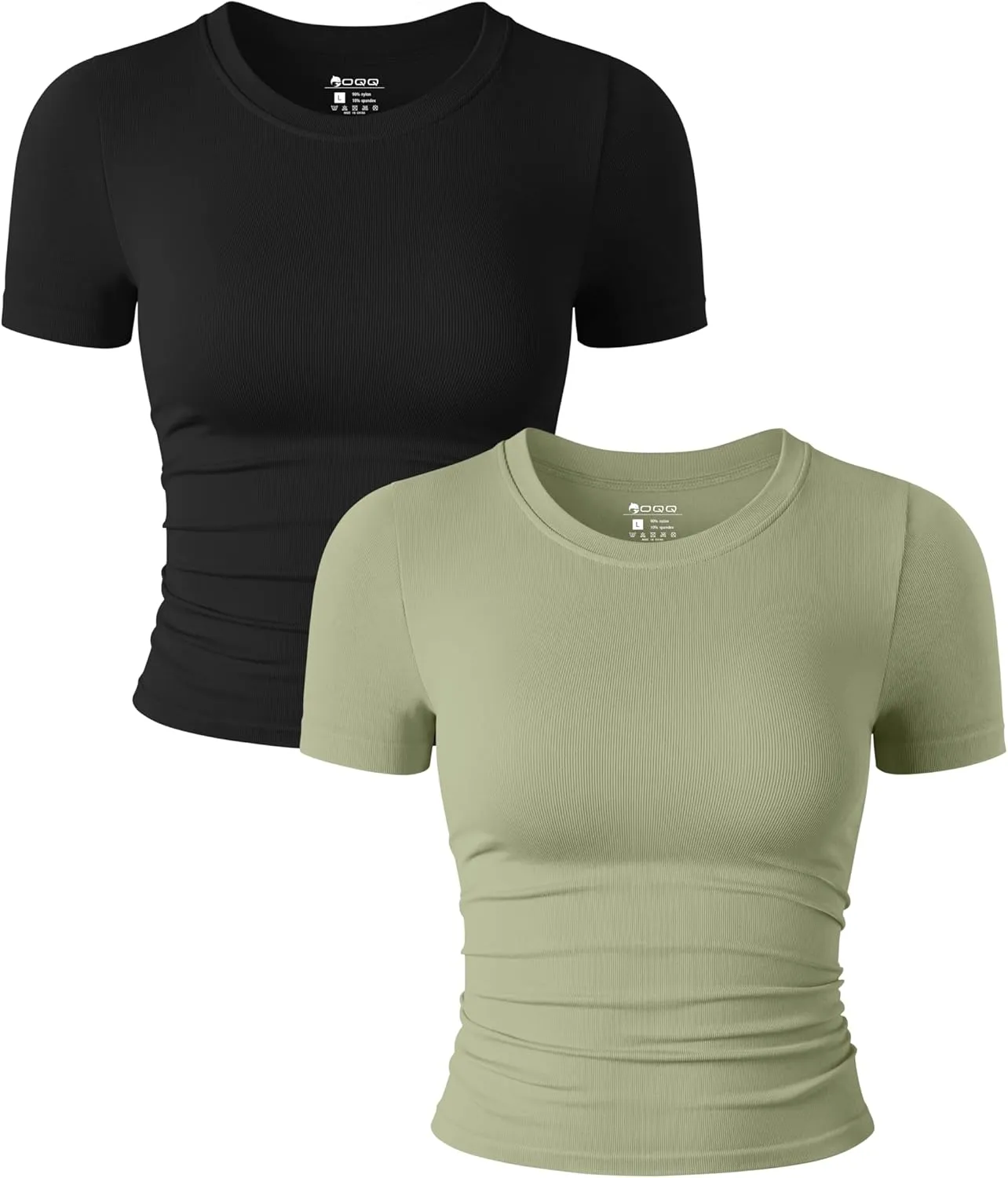 OQQ Womens 2 Piece Shirts Short Sleeve Crew Neck Ruched Stretch Fitted Tee Shirts Crop Tops