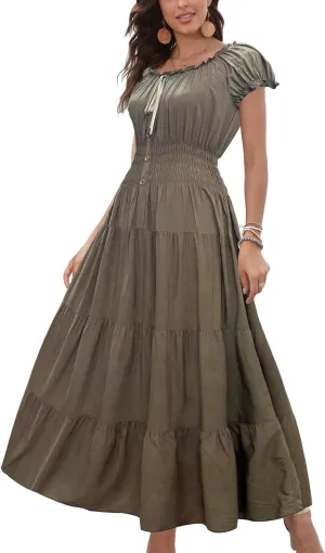 OSTOO Women's 2025 Summer Short Sleeves Boho Floral Print Tiered Casual Flowy Long Maxi Dress
