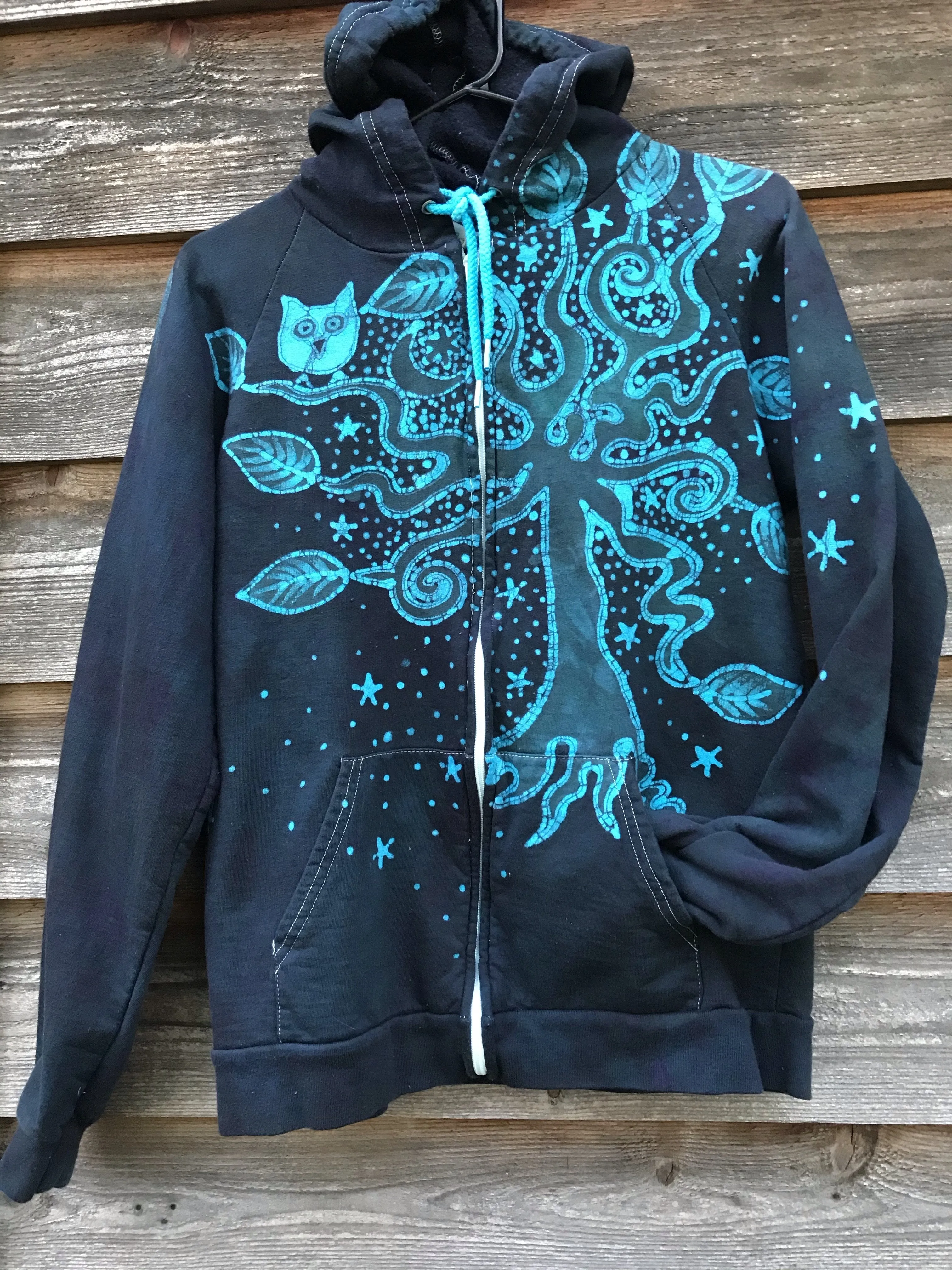 Owl Perched In Misty Forest Handmade Batik Hoodie - Organic Cotton