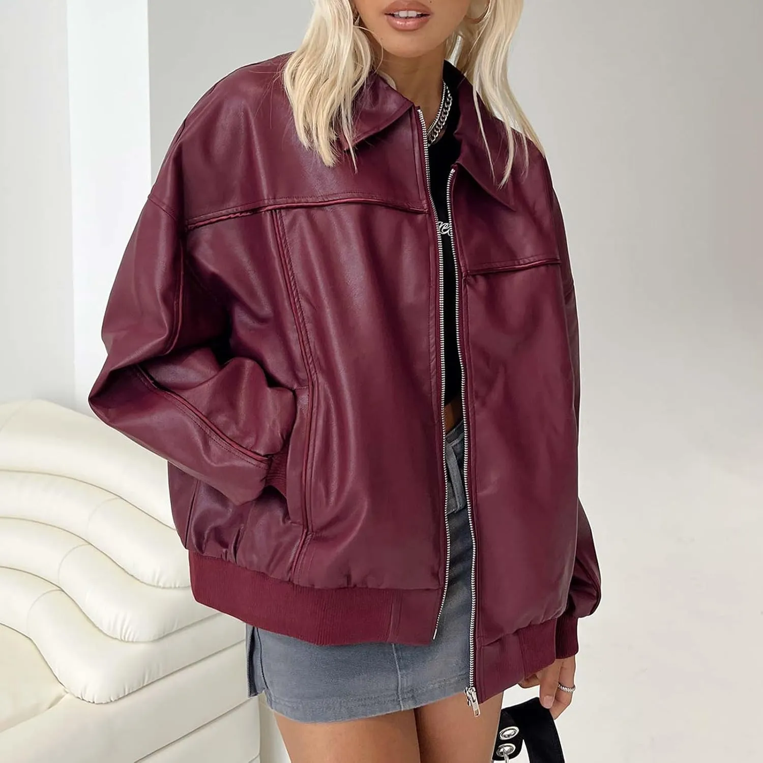 Owl's-Yard Women Leather Biker Jacket Long Sleeves Zip Up Motorcycle Jacket PU Moto Varsity Bomber Jackets Streetwear