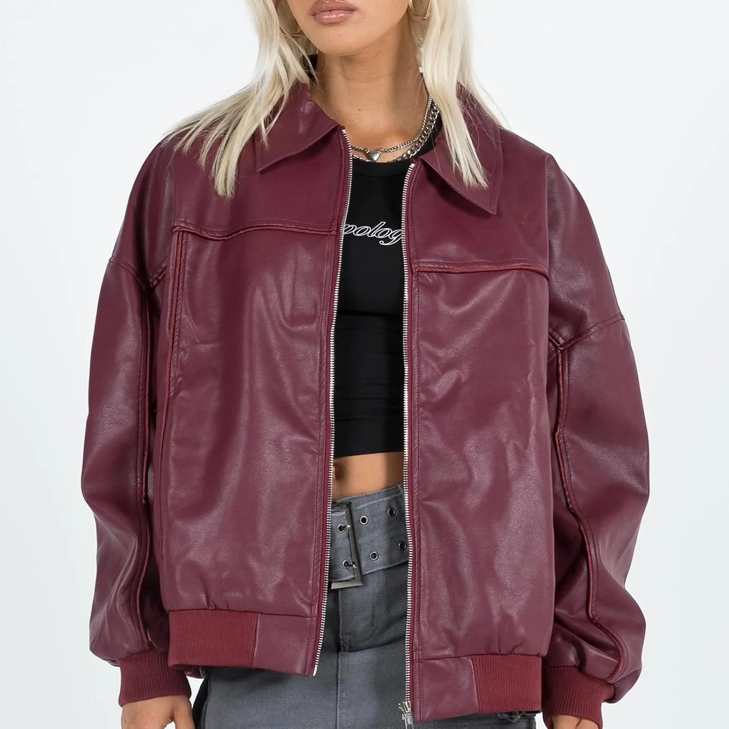 Owl's-Yard Women Leather Biker Jacket Long Sleeves Zip Up Motorcycle Jacket PU Moto Varsity Bomber Jackets Streetwear