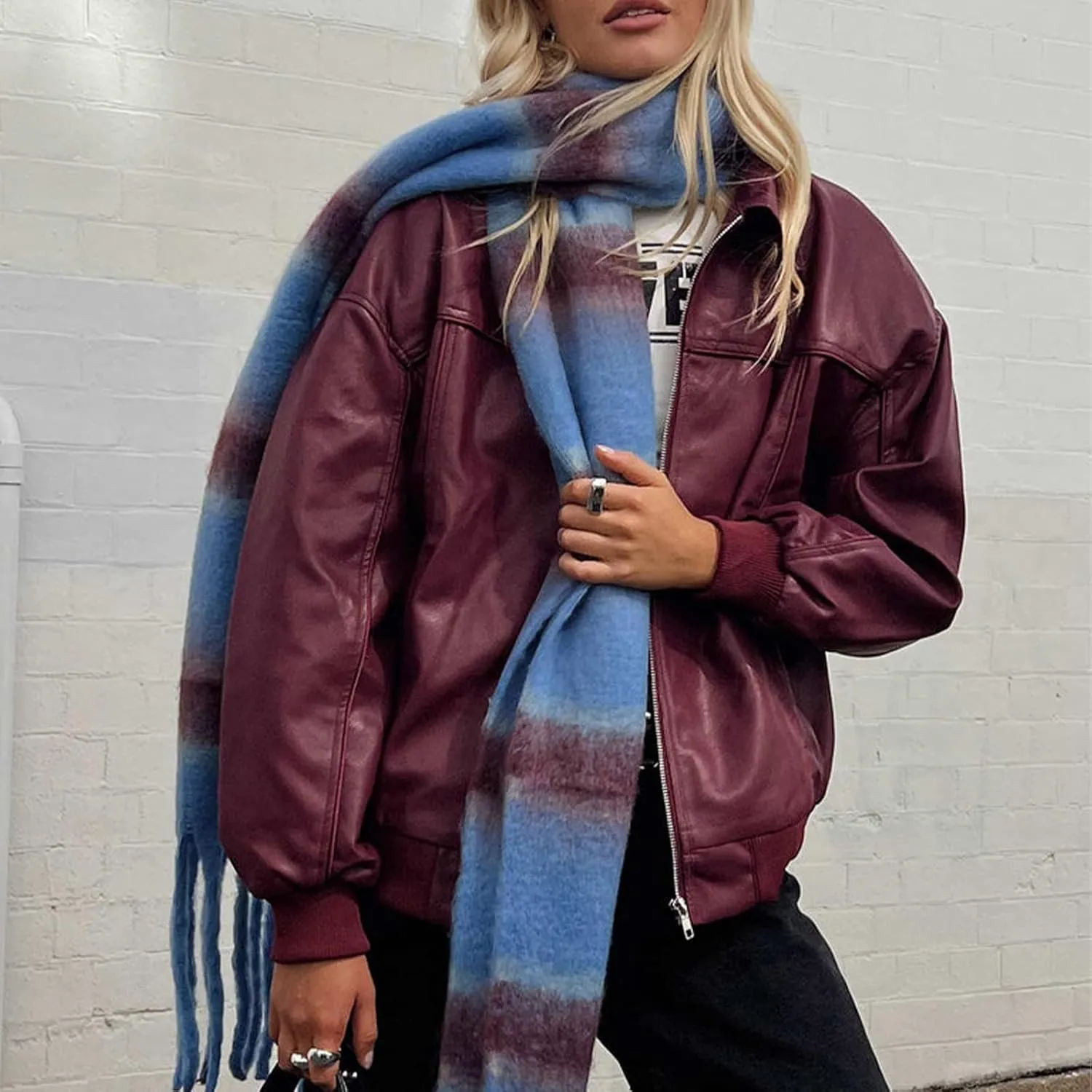 Owl's-Yard Women Leather Biker Jacket Long Sleeves Zip Up Motorcycle Jacket PU Moto Varsity Bomber Jackets Streetwear