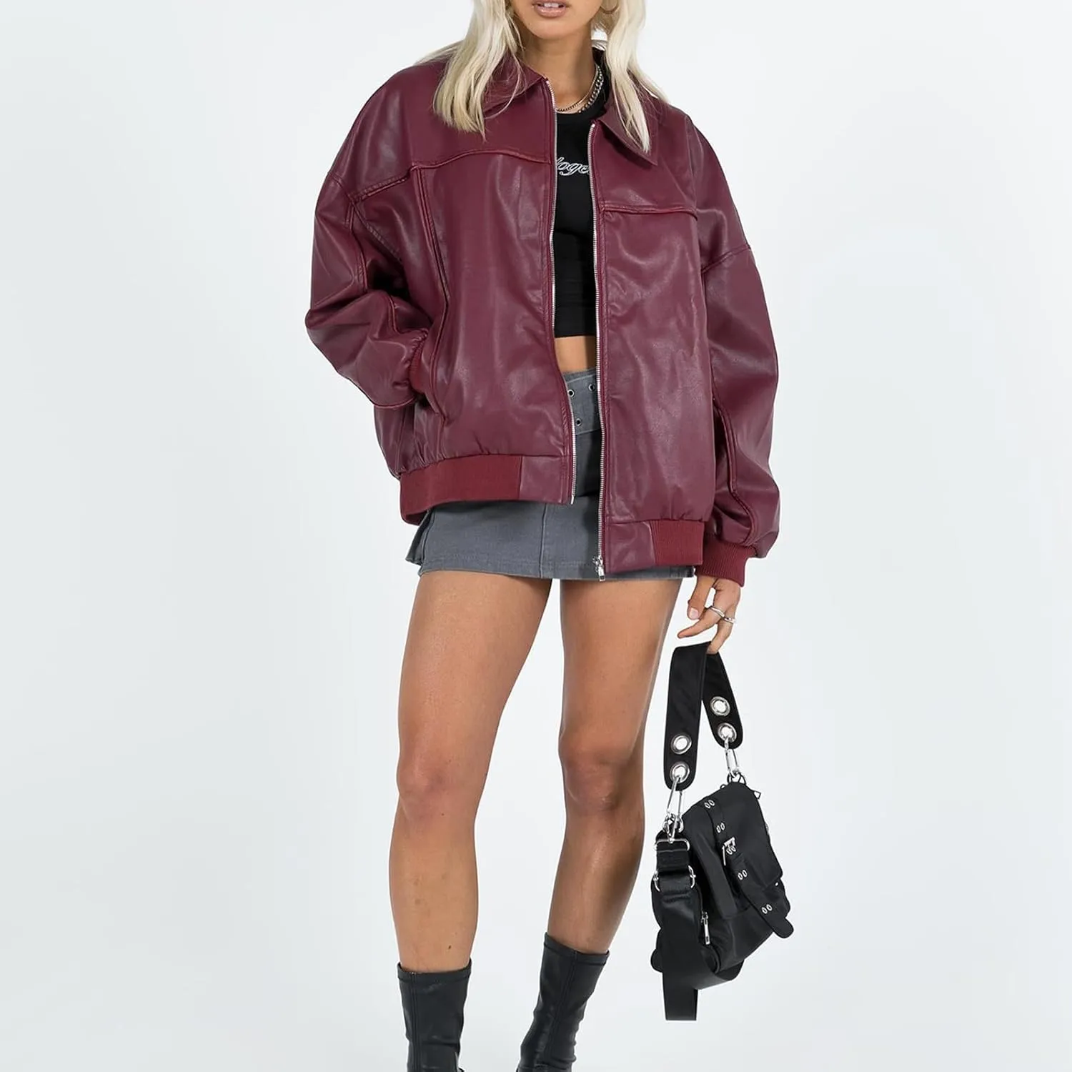 Owl's-Yard Women Leather Biker Jacket Long Sleeves Zip Up Motorcycle Jacket PU Moto Varsity Bomber Jackets Streetwear